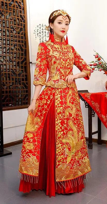 red dress Красный Китай одежда вышивка Феникс одежда Китайская традиционная свадебное платье Ципао Qipao длинные восточные платья - Цвет: red dress