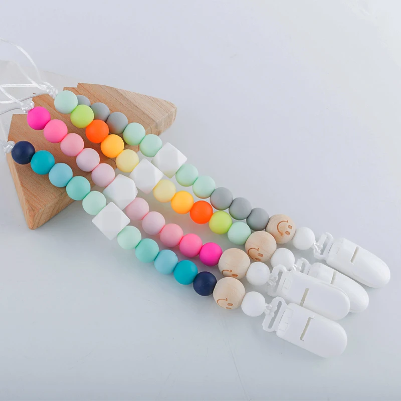 

Baby Pacifier Chain Round Silicone Beads DIY BABY Teething Personalized Teether Pacifier Clip Smiley Beads Wooden Accessories