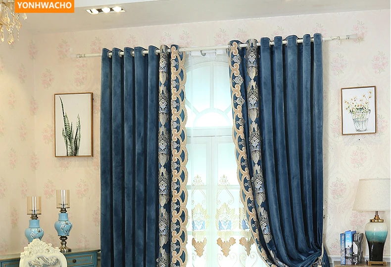 Пользовательские шторы с вышивкой для гостиной Французский Простой толстый бархат синяя ткань затемненный занавес тюль с драпировкой панель B288