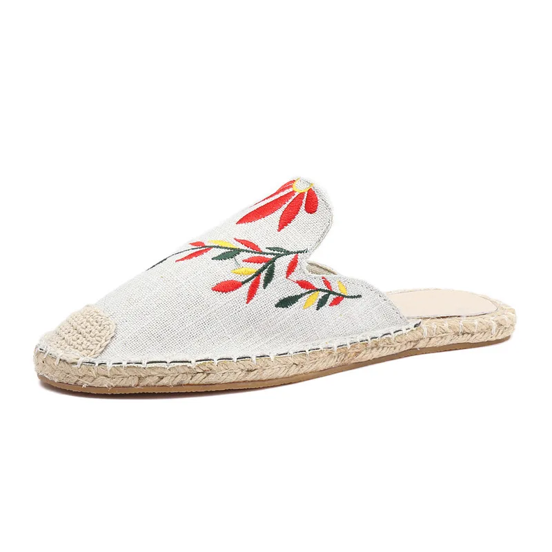 

Large size embroidered baotou women outside wear beach shoes hemp rope grass woven fisherman's shoes flat shoes