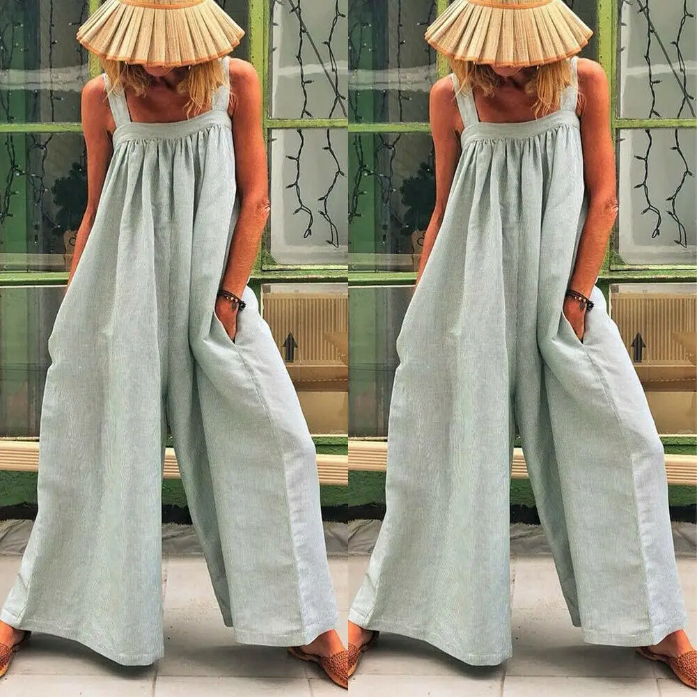 Women Loose Baggy Jumpsuit Dungarees Playsuit Romper Ladies Casual Wide Leg Trousers Summer Holiday Clothing - Color: Gray