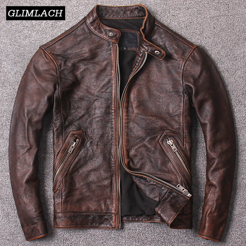

New Autumn Vintage Brown Genuine Cow Leather Coats Men Quality Cowskin Slim Real Leather Motorcycle Jackets Fashion Biker Jacket