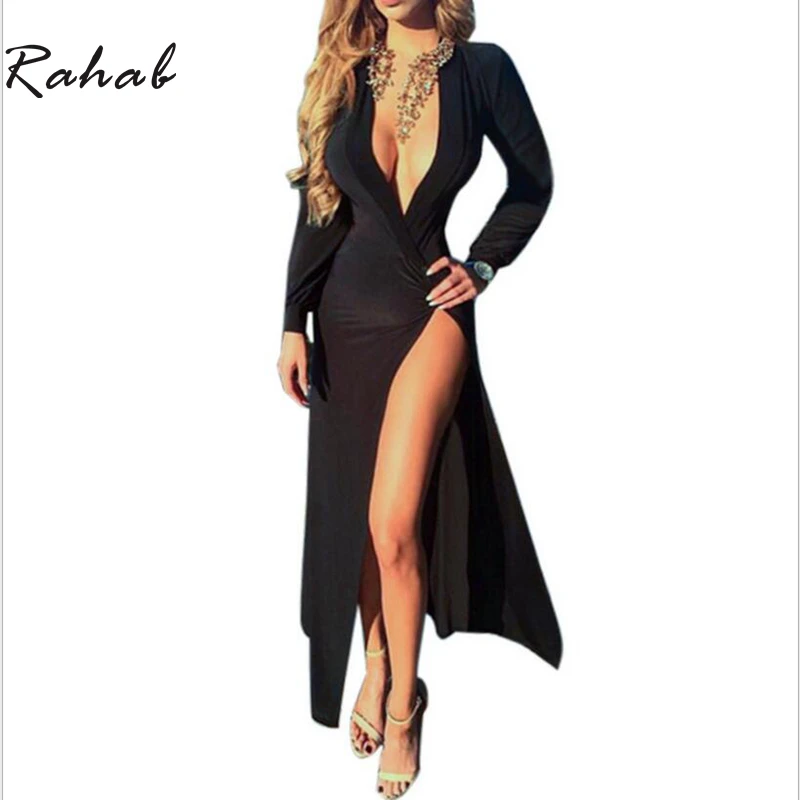 Black Long Sleeve Deep V Neck Wrap Ruched Front Slit Maxi Dress Evening Party Dresses for Women 
