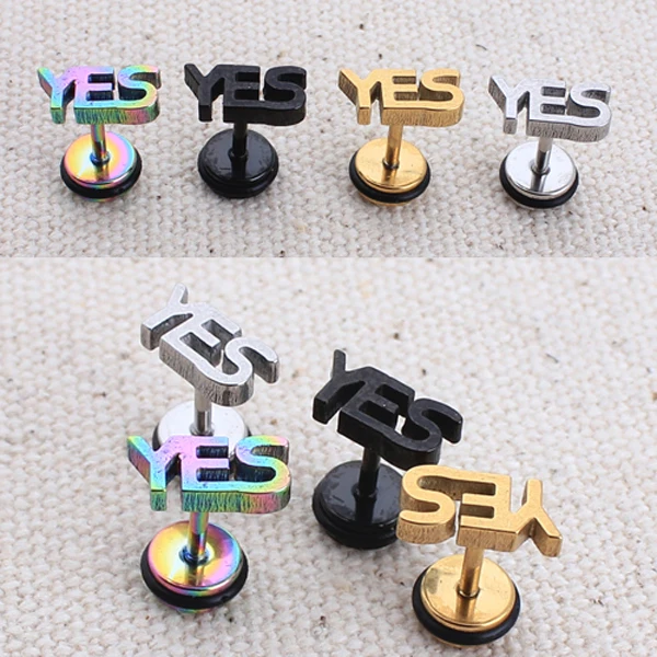 

1Pair cute YES Letters Words men women Ear pierced Stud Earrings Titanium steel