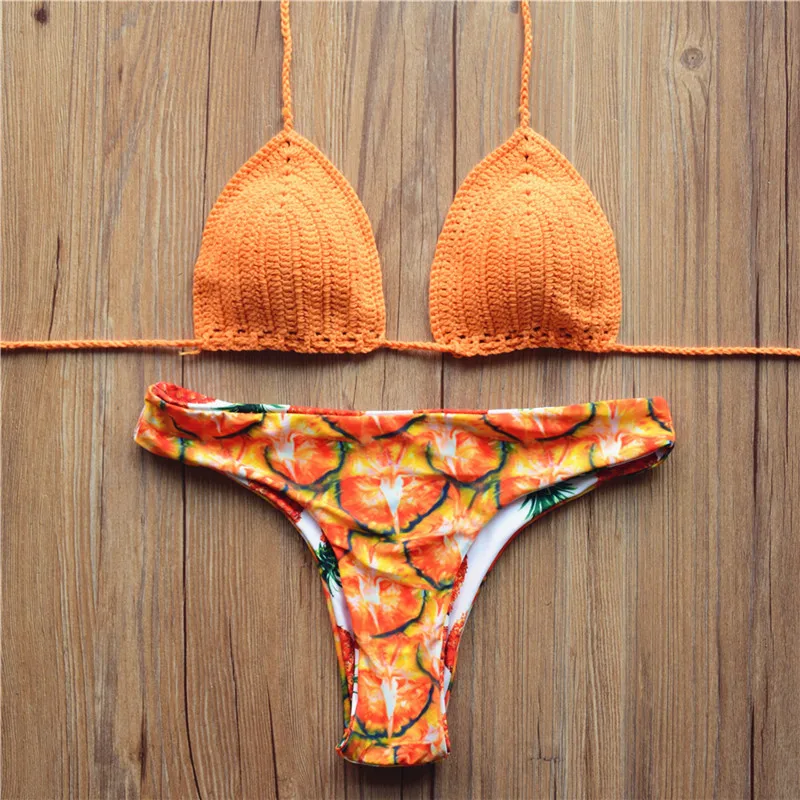 Sexy Handmade Crochet Bikini Swimsuit Brazilian Orange Bikini 2017