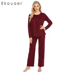 Ekouaer Для женщин Пижама комплекты спереди складки с длинным рукавом штаны с эластичной резинкой на талии пижамный комплект Женская Мягкая