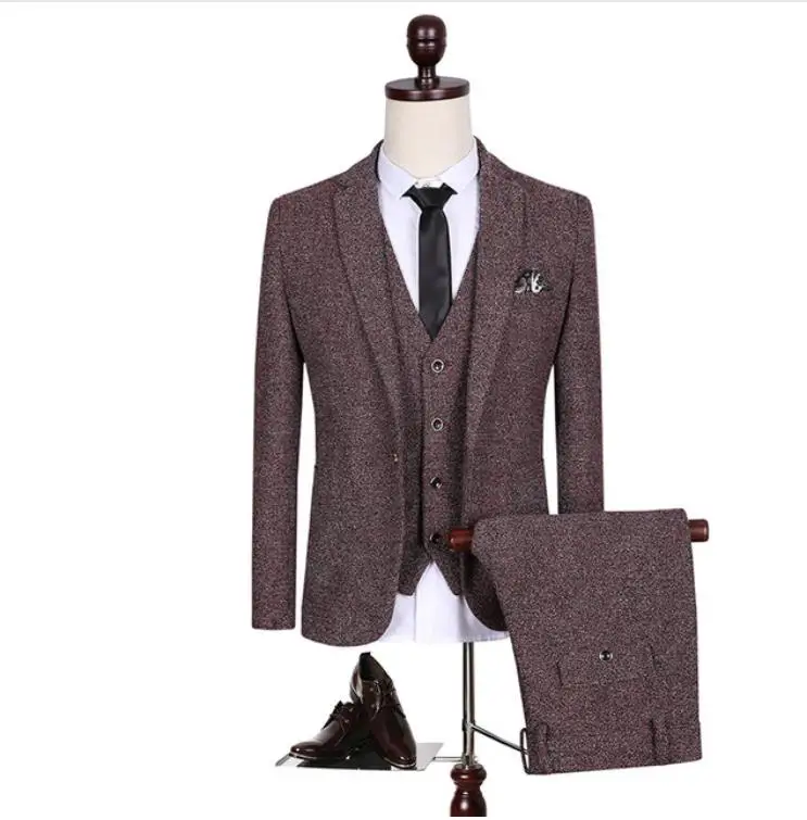 

(Jackets+Vest+Pants)2019 New Spring Men's Wool Single Button Casual Suit Men,Blazer Wedding Suits For Men Fashion Business Suits