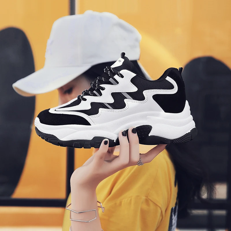 

Black Platform Sneakers Women 5.5 CM Heel Thick Sole Light Soft Breathable Dad Shoes Sapato Feminino Flatform Basket Wedge Shoes