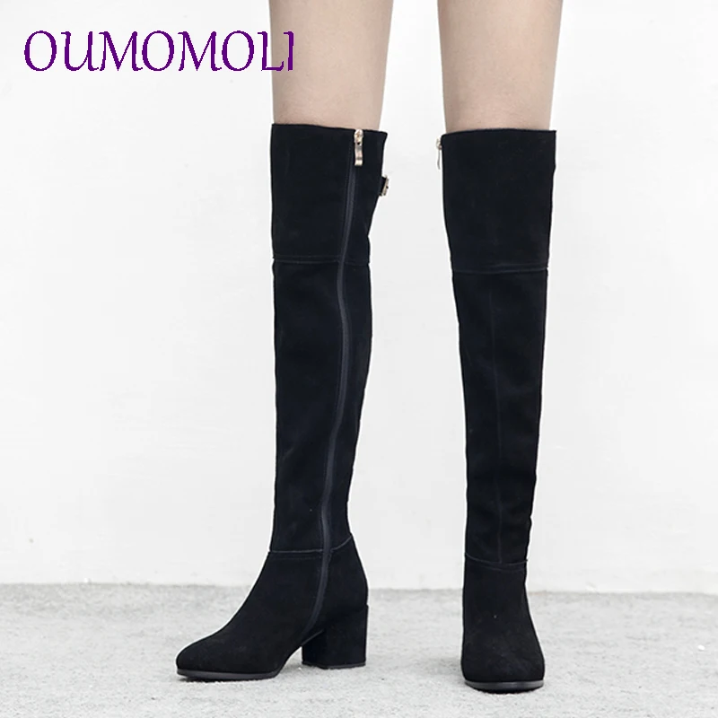 

black fashion women boots pointed toe ladies boots zipper cow suede ladies boots square heel leather over the knee boots