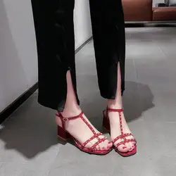 QWEDF/2019 г. летние женские босоножки на высоком квадратном каблуке с Т-образной пряжкой женские дышащие сандалии с открытым носком и