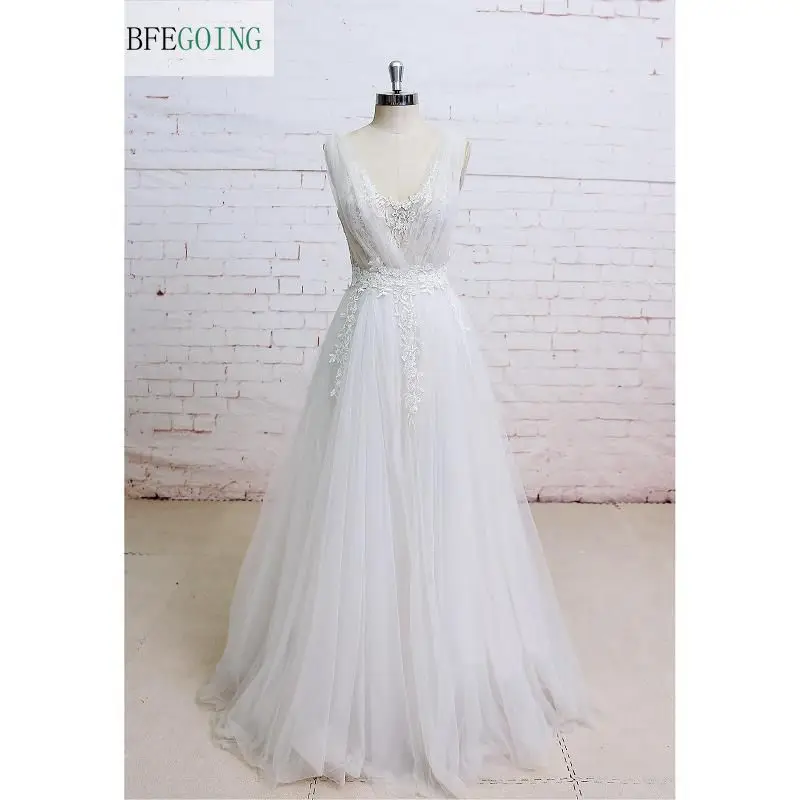 Goede A lijn Tulle Applicaties V hals Mouwloze Jurk V Back Floor Length Real Originele Foto S Custom made