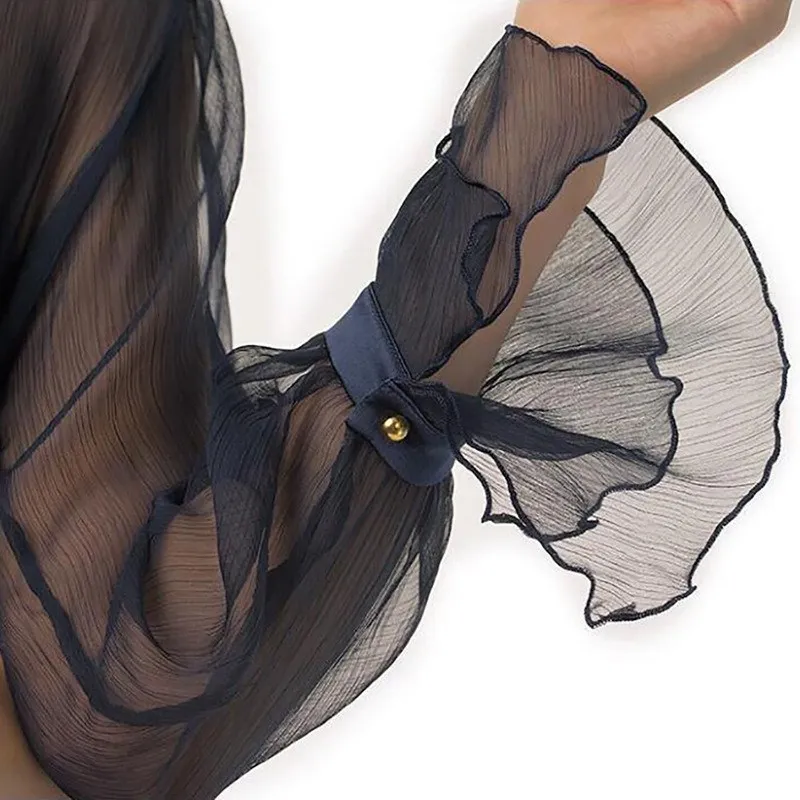 2019 Summer Fashion Perspective Ruffle Mesh Crop Tops Sexy Club Women Deep V-Neck Flare Sleeve High Waist Solid T-Shirt | Женская одежда