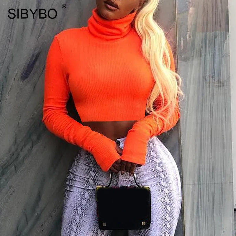 Женский короткий топ Sibybo с высоким воротом и длинным рукавом|Футболки| |