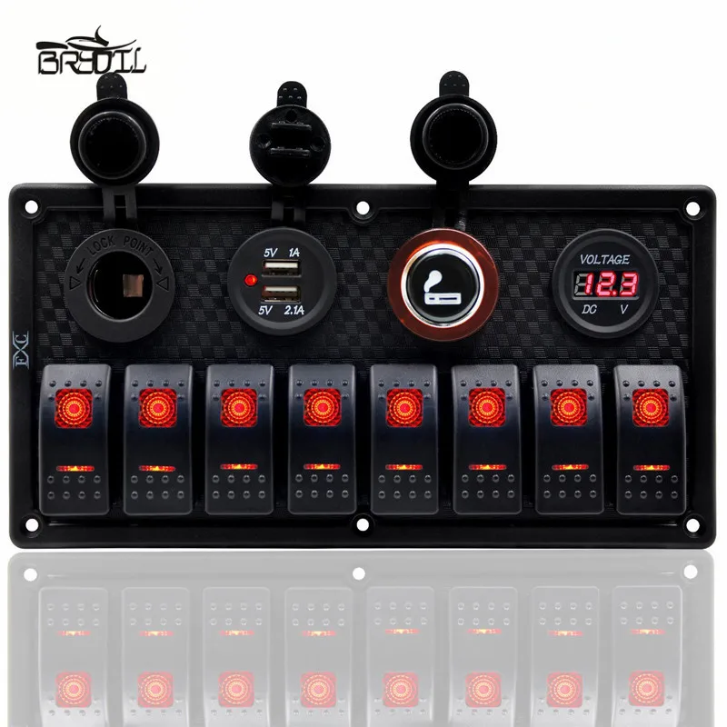 8-Gang Red LED Rocker Switch Panel Marine Boat Car RV Waterproof Circuit Breaker