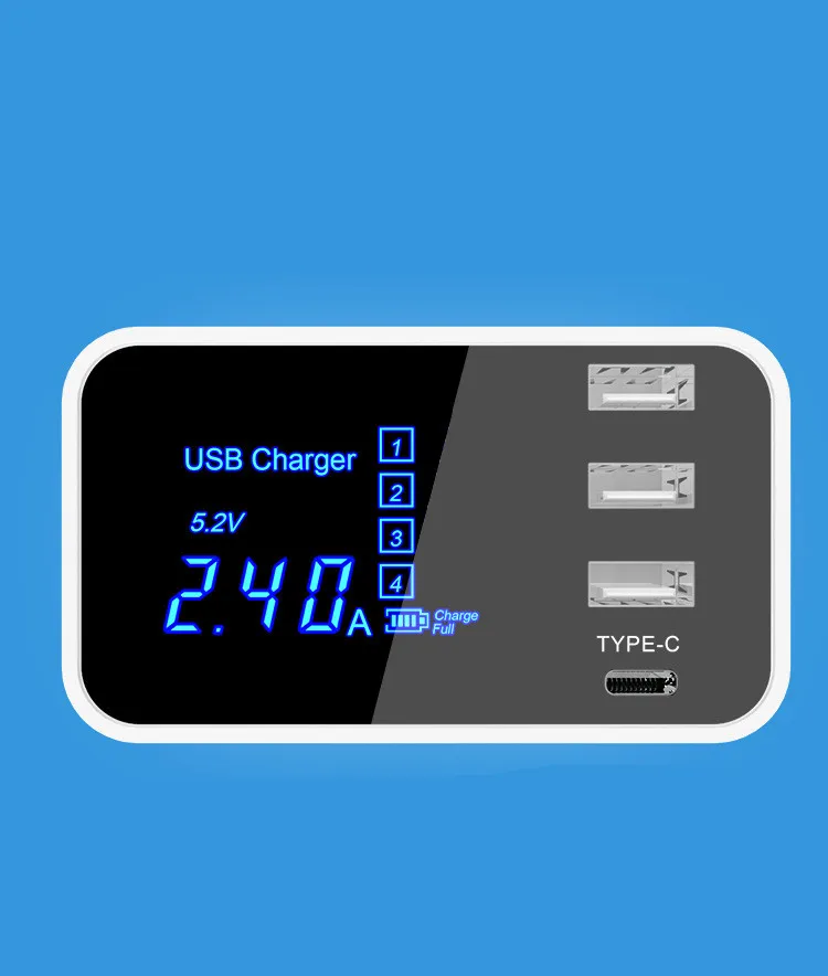 Quick Charge Smart Mobile Phone USB Charger 3 Port USB Type C Fast Charging Charger Wall Power Adapter Led Display Desktop Strip