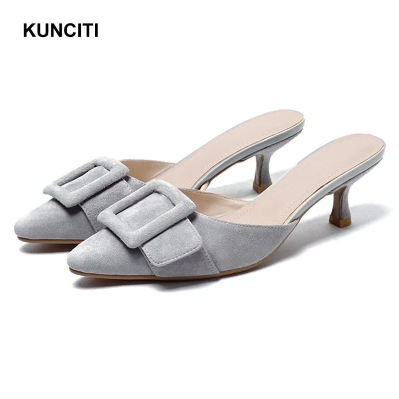 

2019 Suede Leather Slides Women High Heel Summer Slippers Buckle Fashion Mules Shoes New Designer Ladies Scuffs Top Quality T971