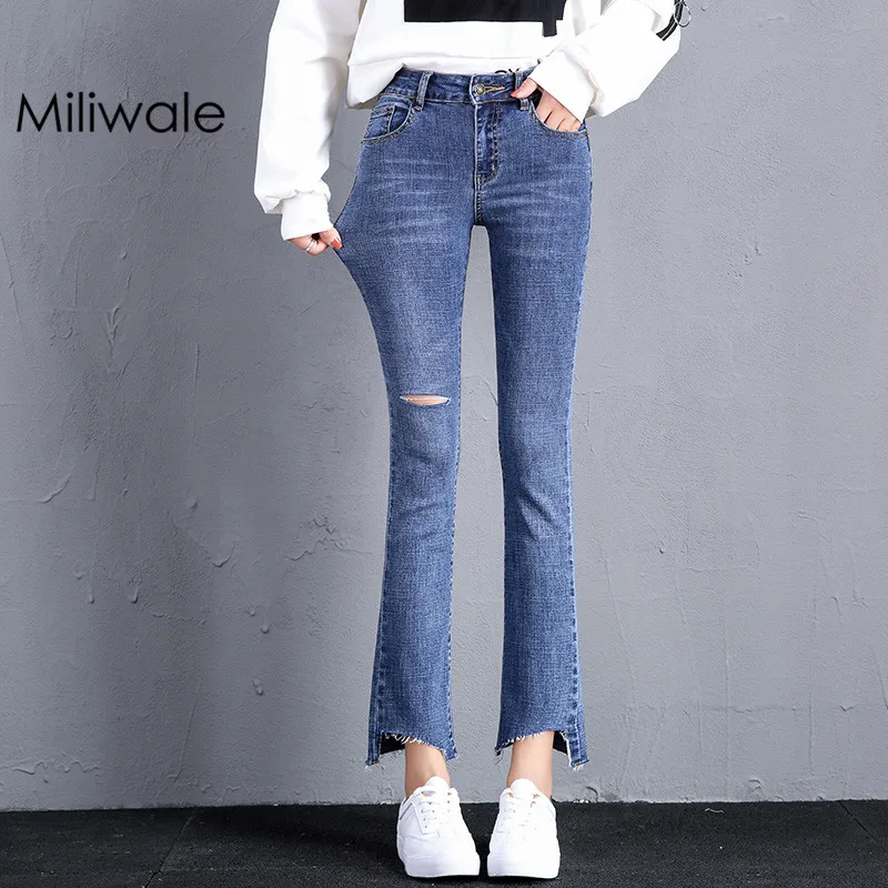 Новые ботильоны длина эластичные джинсы с высокой талией для женщин рваные промывают flare Штаны женские джинсы
