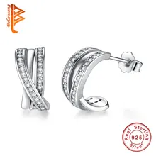 BELAWANG настоящие 925 пробы серебряные серьги-гвоздики с крученым крестом массивные серьги с прозрачными фианитами женские свадебные ювелирные изделия