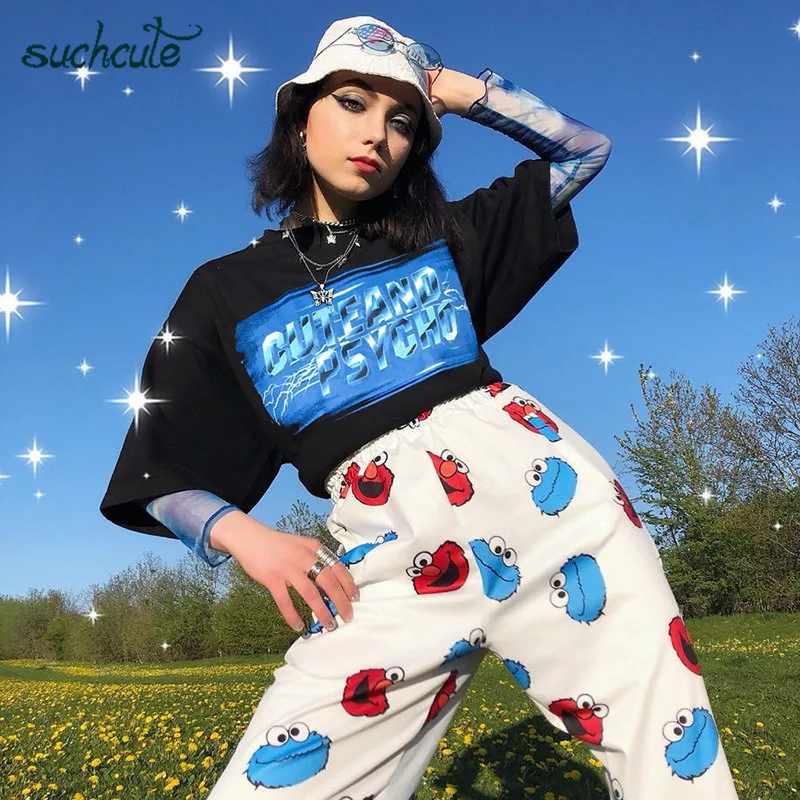 

SUCHCUTE Female T-Shirt Neon Plus Size With Letter Print Black Summer 2019 Modis Gothic Tops Harajuku Korean Style Women's Shirt