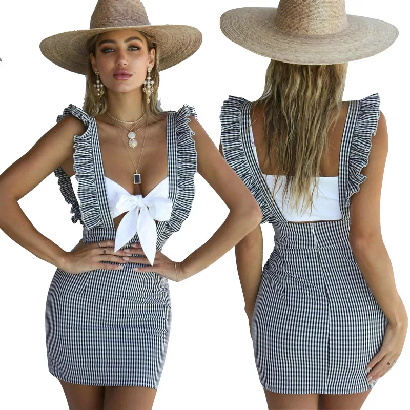 

2019 Bandage women Dress Fashion Sexy Temptation Mini Black White Plaid Straps Club Party Summer Lady Dresses Femme Vestidos