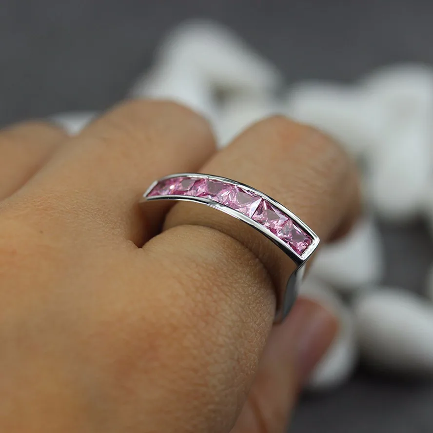 Fleure Esme Bezel Setting Rhodium Plated Ring Pink Cubic Zirconia R3602 Size #6 7 8 9 Fashion Romantic Style Women Jewelry Gift