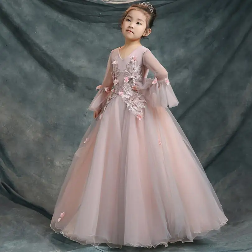

Baby Girls Princecss Dress Children Ball Gown Teens Wedding Party Pageant Gown Embroidery Mesh Modis Kids Clothes Vestidos Y1332