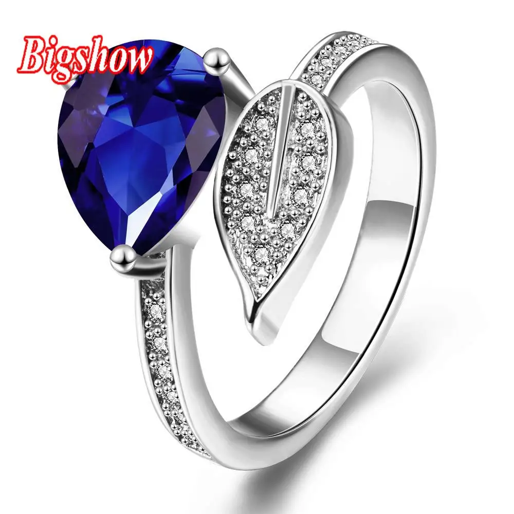 18k real platinum rose gold yellow gold jewelry sapphire Stone rings with Austrian crystals double leaf R293-C-8