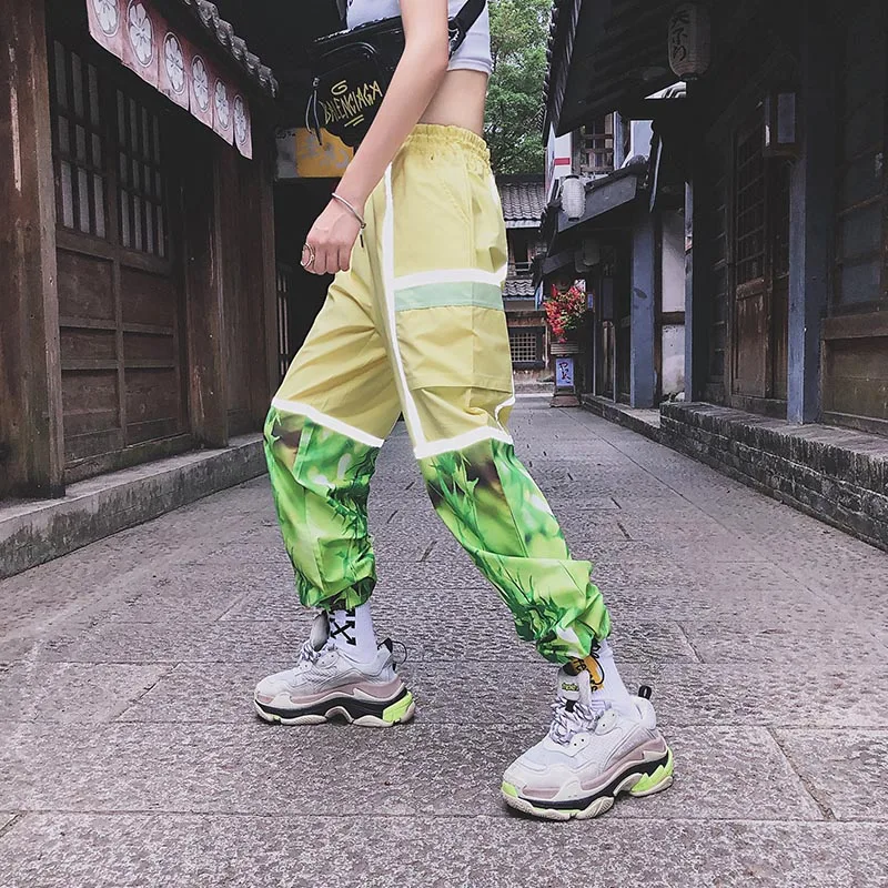 

3M Reflection Patchwork Hip Hop Pants Ankle Length Street Dance Women Pants Elastic Waist Loose Pants