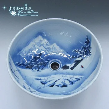 

Jingdezhen ceramic washbasin wash basin blue and white hand painted snow pottery art basin