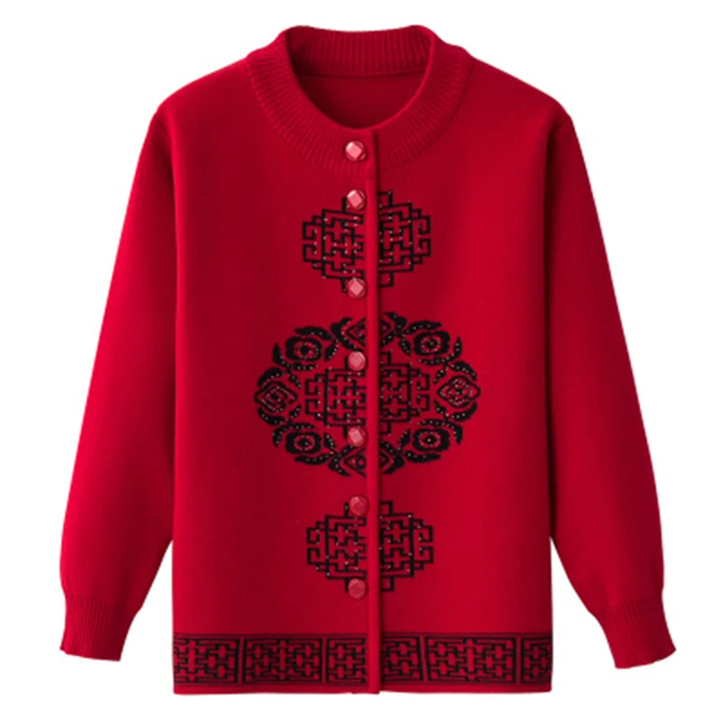 Spring Chinese Style Embroidered O-Neck Knitted Sweater Ladies Autumn Long Sleeve Plus Size 5XL Cardigan F369 |