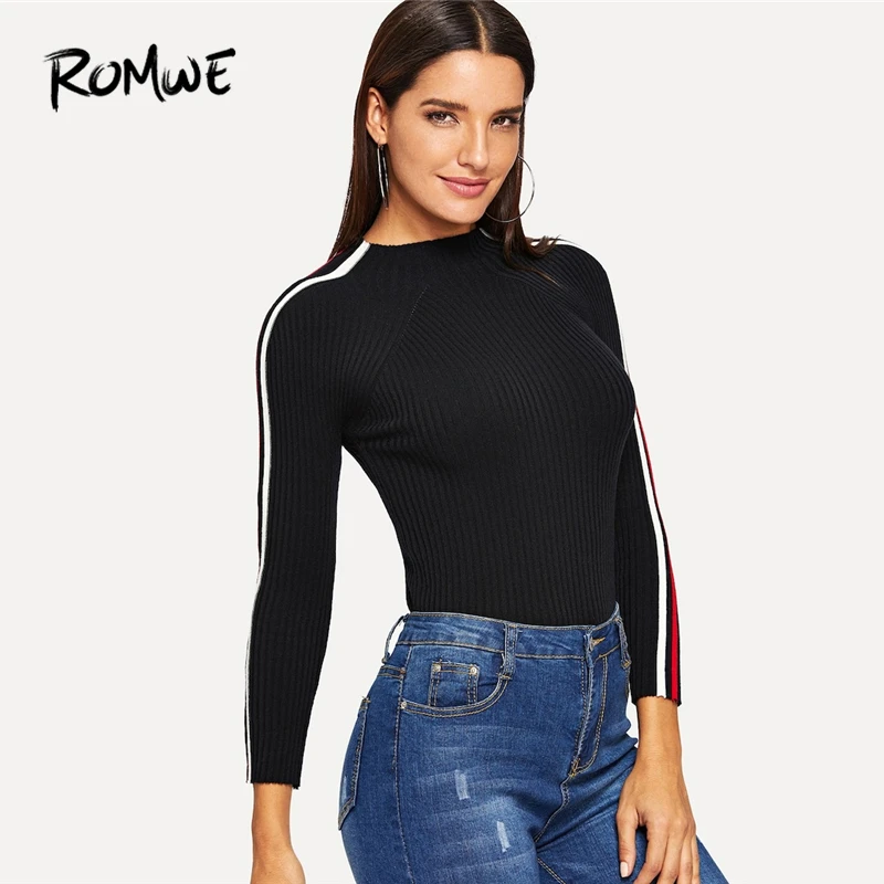 ROMWE, черный полосатый свитер, модный Женский Повседневный осенний свитер, женская одежда со стоячим воротником, облегающие свитера и пуловеры