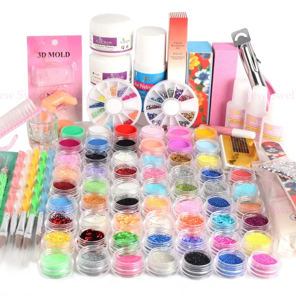 

60pcs/set Acrylic Glitter Clipper French Tips Liquid Nail Art Brush Glue UV Powder Set