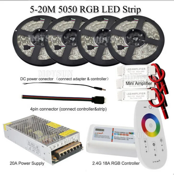 5 м 10 м 15 м 20 м Светодиодная лента Водонепроницаемая 5050 300 светодиодов IP65 Лента красный зеленый синий белый+ RF сенсорный диммер контроллер+ адаптер питания комплект