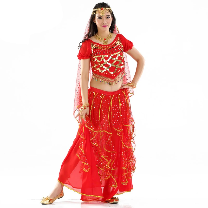 Женский костюм для танца живота, комплекты с короткими рукавами, шифоновая индийская одежда, юбка с листьями лотоса, практика танца живота