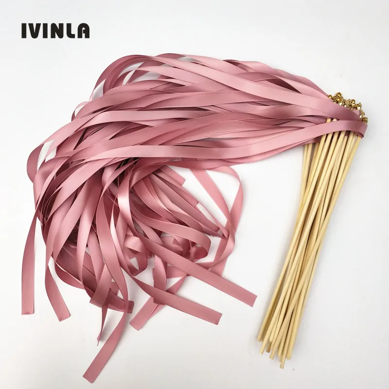 

50pcs/lot dark pink wedding ribbon wands with gold bell ribbon Twirling Streamers,ribbon wish stick