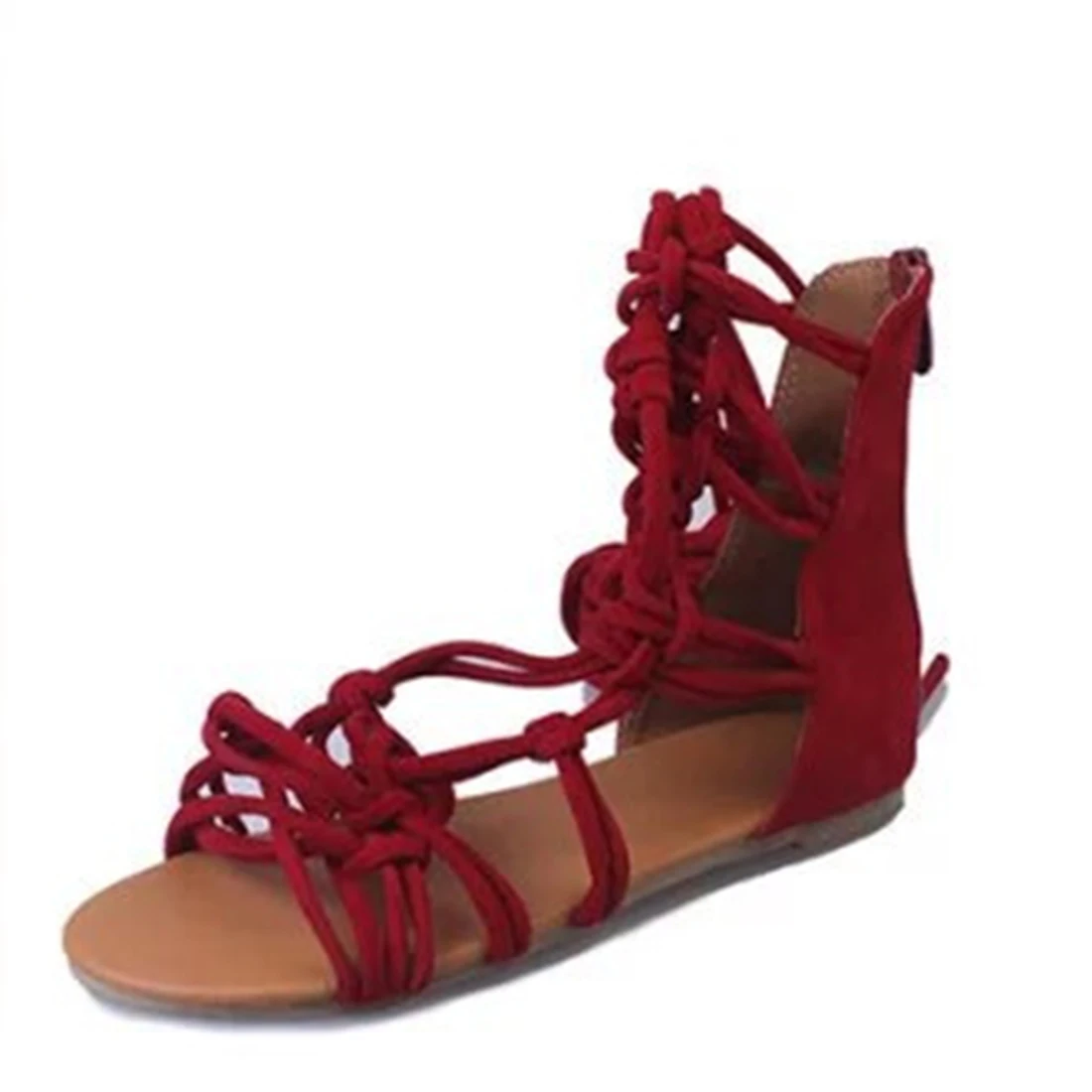 Новинка года; женские сандалии; пикантные сапоги до колена на шнуровке; повседневная обувь на плоской подошве в римском стиле с завязками; высокое качество; Размеры 35-41 - Цвет: Красный