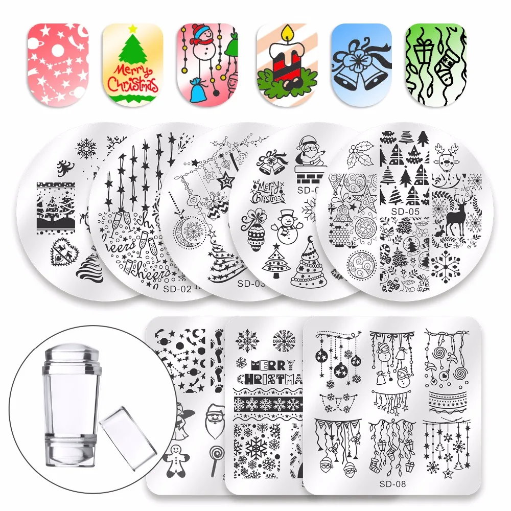 Biutee украшения ногтей Рождество штамповки пластины Набор Санта-Снежинка Jingle Bell ногтей штамп для дизайна ногтей с ногтей штамп Scarper