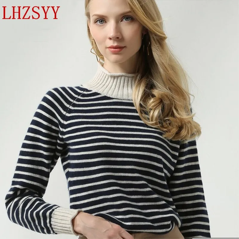 

LHZSYY Autumn winter New Cashmere Sweater fashion stripes high collar Wool knit pullover Short section women Sweaters soft cozy