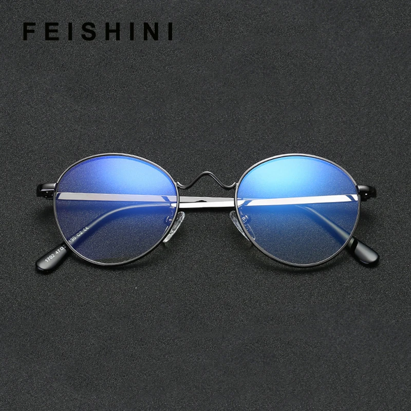 

FEISHINI Brand High Quality Metal EyeGlasses Frame For Women Computer Goggles Filter Blue Line Round Glasses Men Eyewear