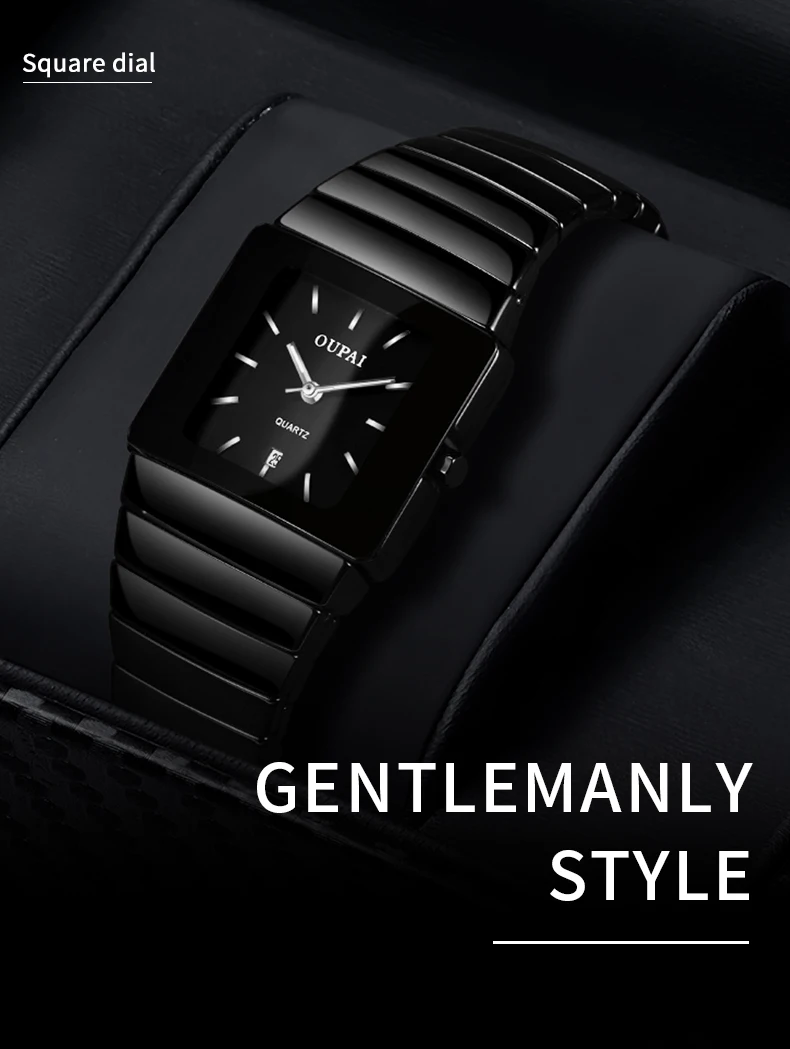 OUPAI классические черные Tonneau керамические часы Новая мода Squre кварцевые часы мужские водонепроницаемые с календарем светящиеся черные спортивные часы
