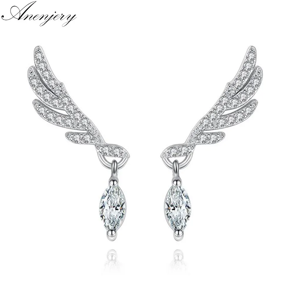 Anenjery, новая мода, 925 пробы, серебряные, угловые, крылья, перо, циркон, серьги-гвоздики для женщин, pendientes brincos S-E268
