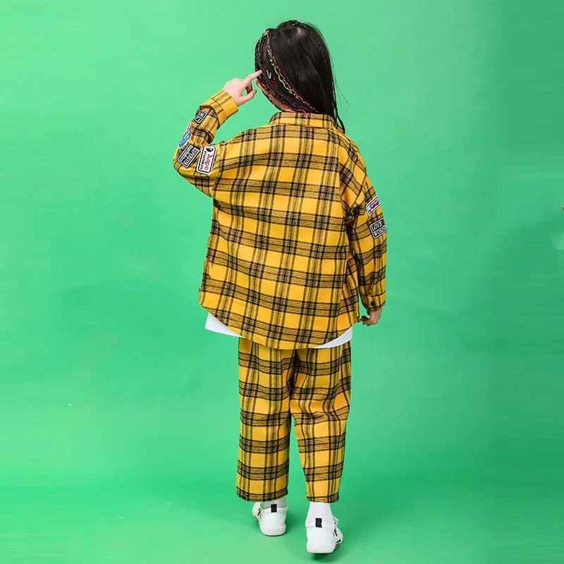 2019 New Children Hip-hop Street Dance Performance Costume Autumn Boys Girls Loose Jazz Dance Show Yellow Plaid Shirt Pants Set (11)