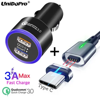 Quick Charge QC 3.0 Car Charger + Magnetic Type C Cable for Samsung Galaxy S10E S10 S9 S8 Plus Note 9 8, Xiaomi Redmi Note 7 Mi9