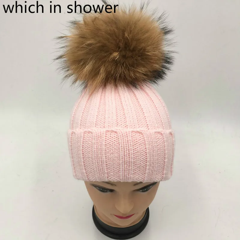 

which in shower Children girl real fur raccoon pompon knit hat cap winter warm crochet beanie with fur pom-poms ball kids bonnet