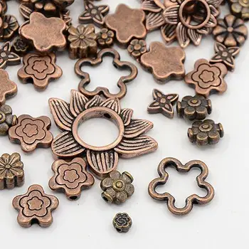 

Red Copper Mixed Vintage Flower Tibetan Style Alloy Beads, Nickel Free, 5~30.5x5~22x3~3.5mm, Hole: 1.5~10mm