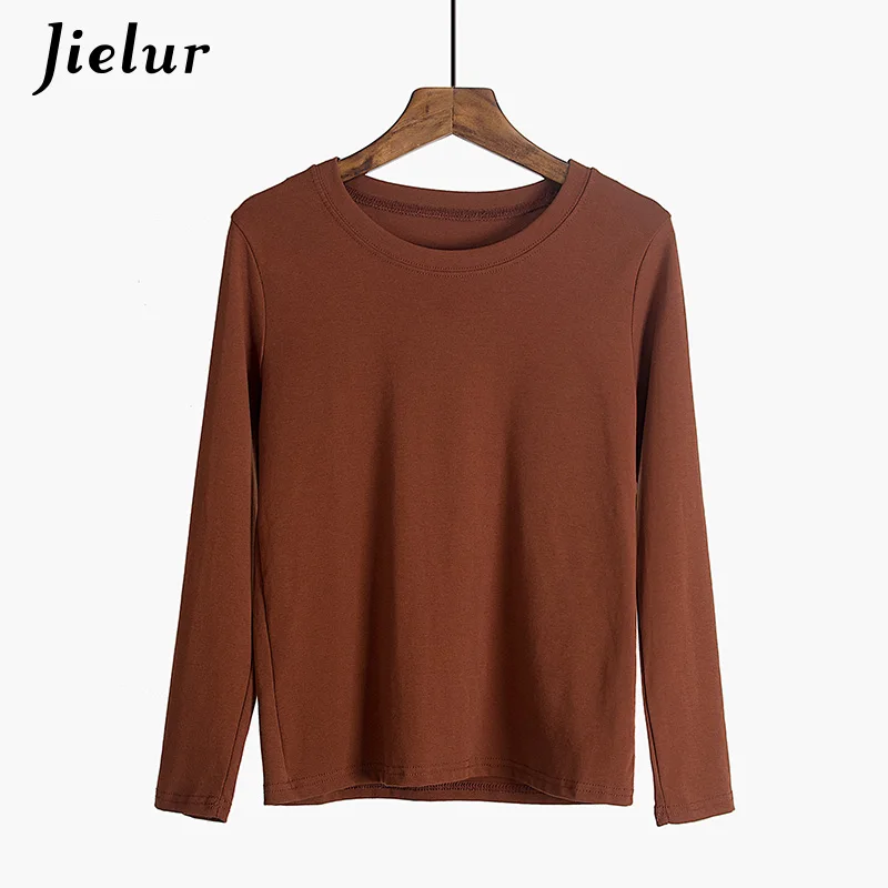 Jielur 5 Solid Color Hipster Long Sleeve Tshirt Women White O Neck Basic Tshirt Feminina Simple Korean Style Vetement Femme - Цвет: Coffee