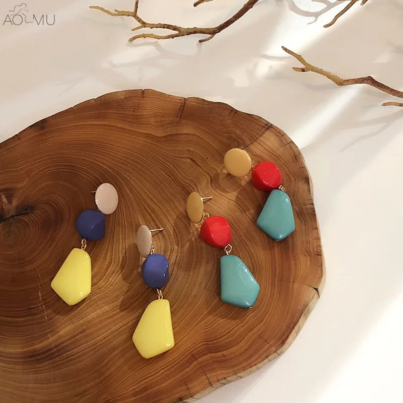 

AOMU S925 Sterling Silver Pin Cute Hit Color Geometric Irregular Circle Acrylic Drop Dangle Earrings for Women Party Jewelry
