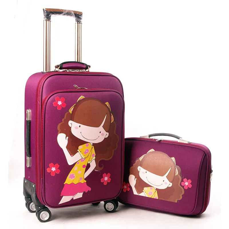 KUNDUI women A set suitcase bags, Cute cartoon trolley case, new style, girl Rolling travel luggage bag , lock, mute,12 20 24