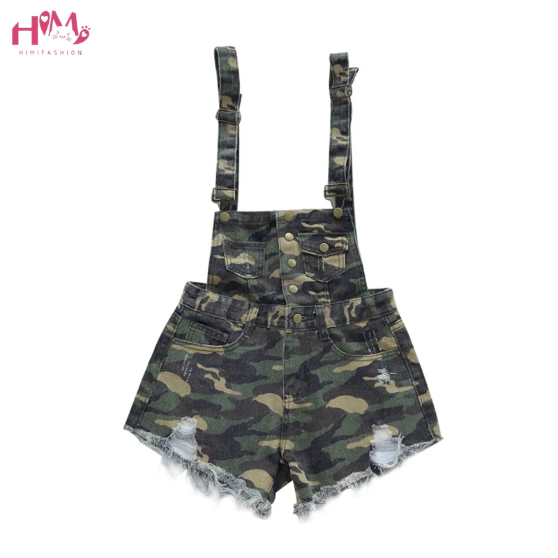 

Summer Women Ripped Holes Camo Denim Jumpsuits Single-breasted Slim Strap Denim Overalls Fashion Female Frayed Jeans Playsuits