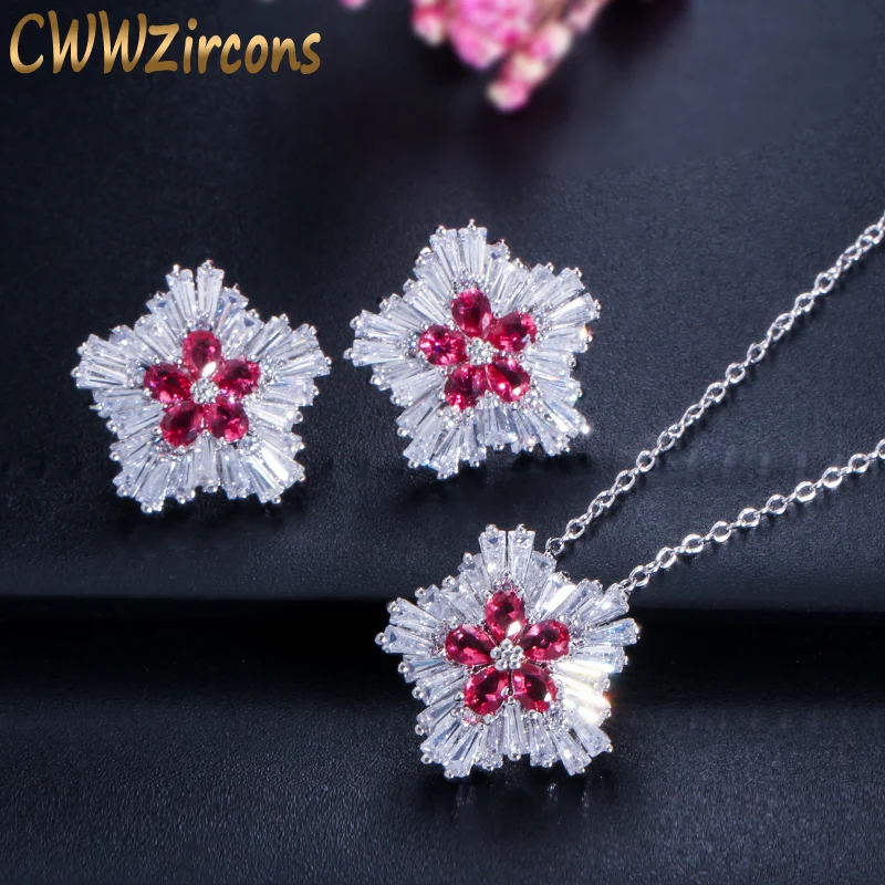 CWWZircons сверкающие в форме цветка красные стразы кристаллы серьги и ожерелье кулон наборы для модных женщин ювелирные изделия T079